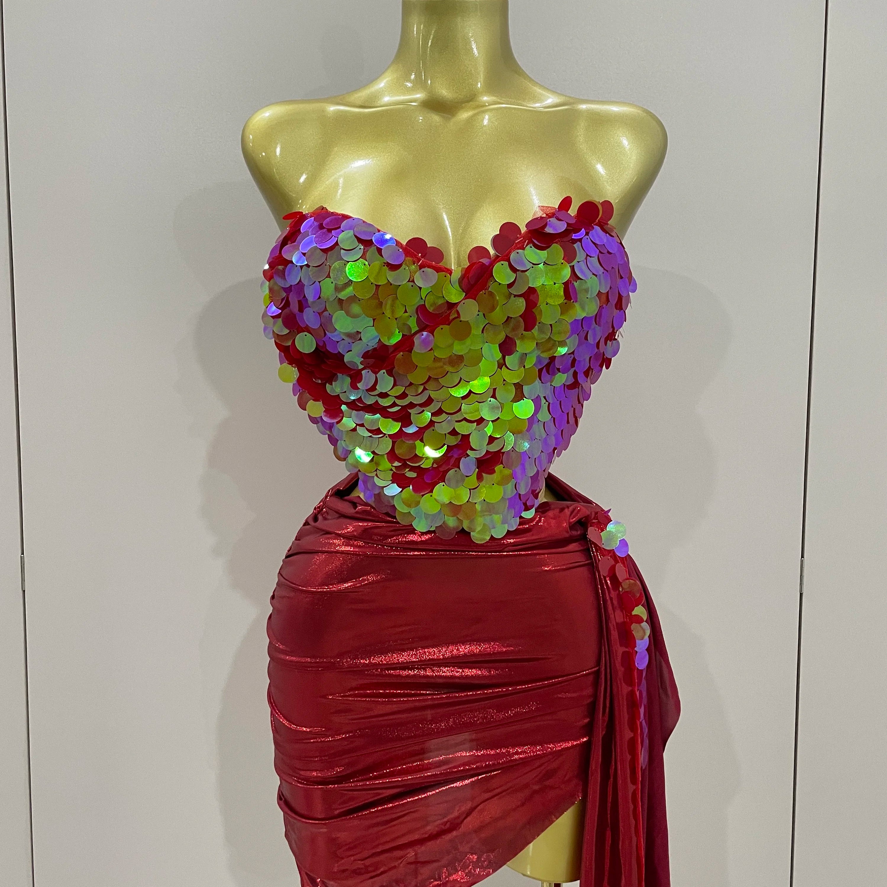 2025New Sexy Pink Sequin Strapless 2 Pieces Bodycon Mini Dress Women Celebrate Birthday Party Bar Singer Nightclub Stage Costume Red