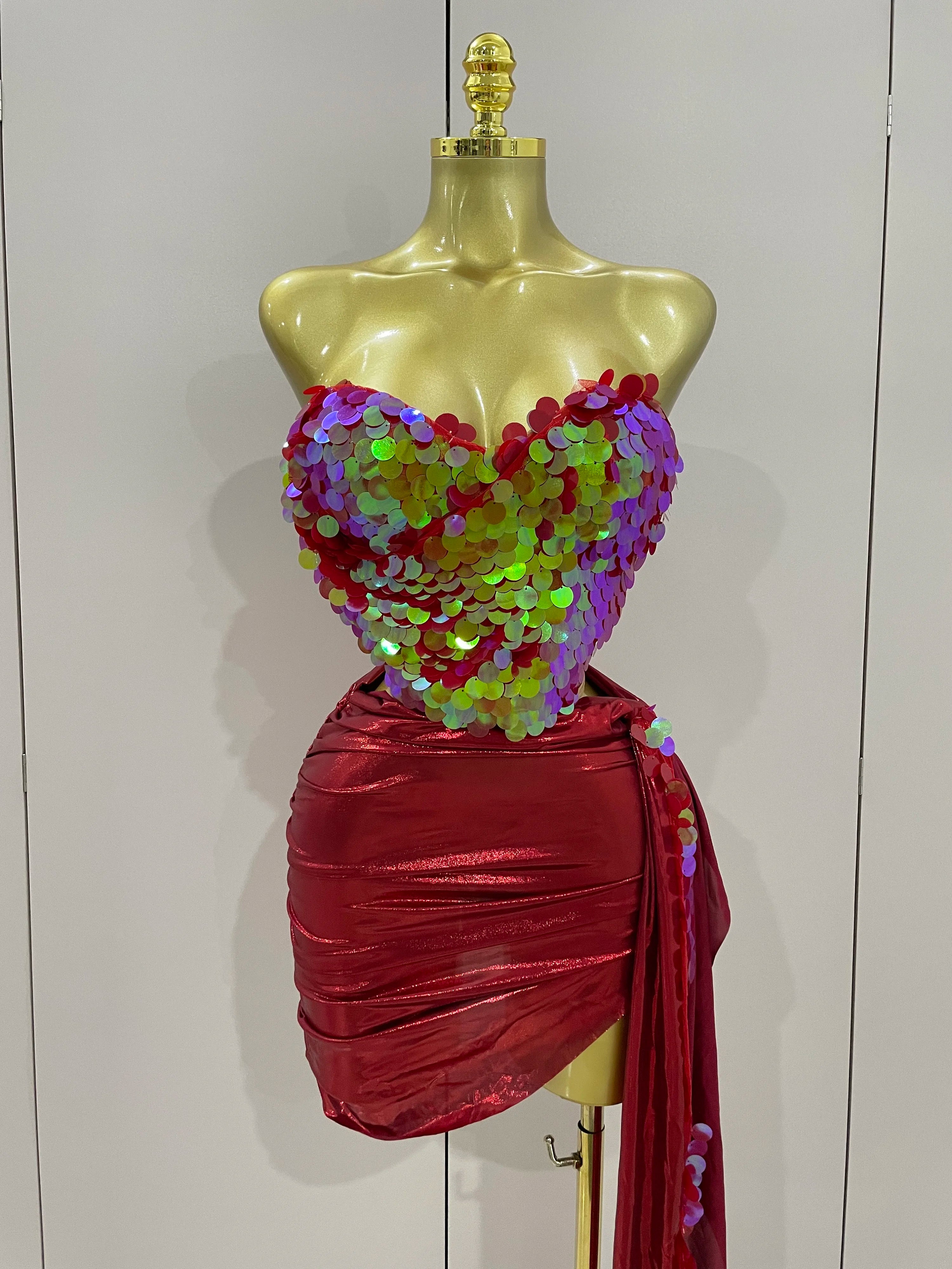 2025New Sexy Pink Sequin Strapless 2 Pieces Bodycon Mini Dress Women Celebrate Birthday Party Bar Singer Nightclub Stage Costume Red