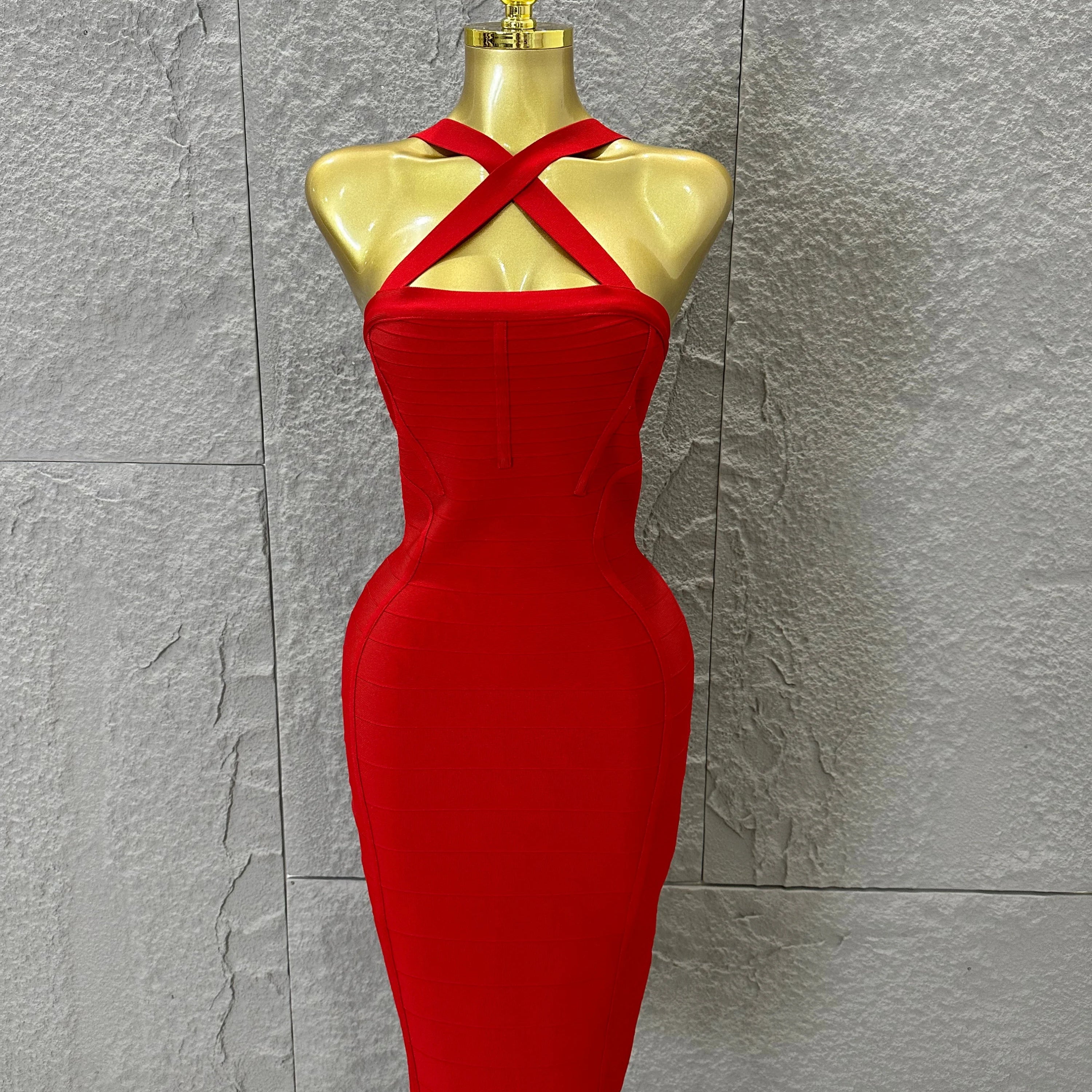 Elegant Red Halter Neck Mini Dress Women Sexy Criss Cross Strap Bandage Form-Fitting Outfit Cocktail Party Costume Red
