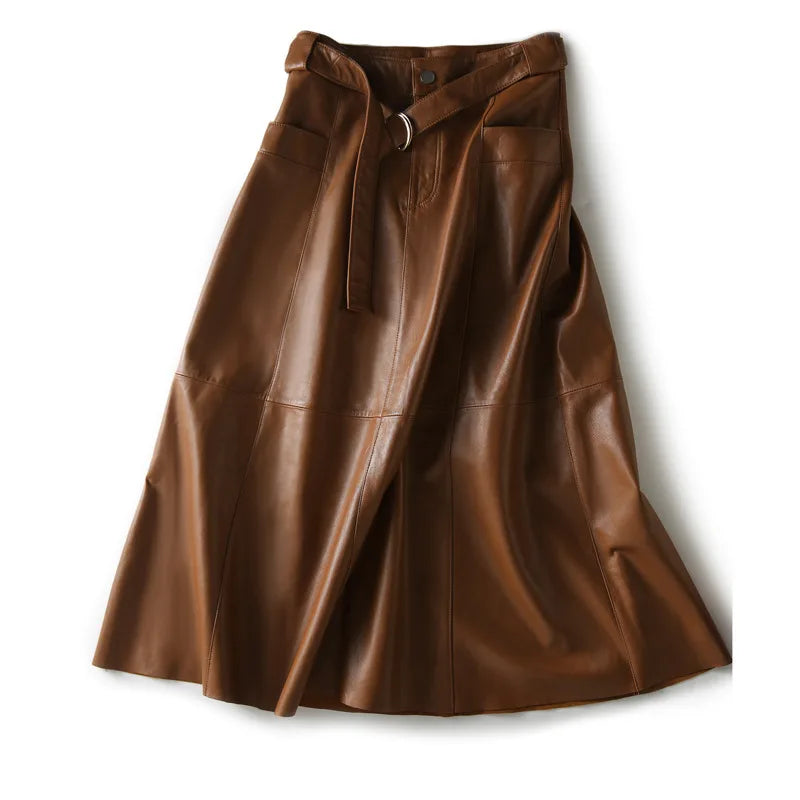 Vintage Brown High Waist A-Line PU Leather Skirt with Belts A Swing Long Office Lady Skirts Autumn/Winter New in Women Outfits Champagne