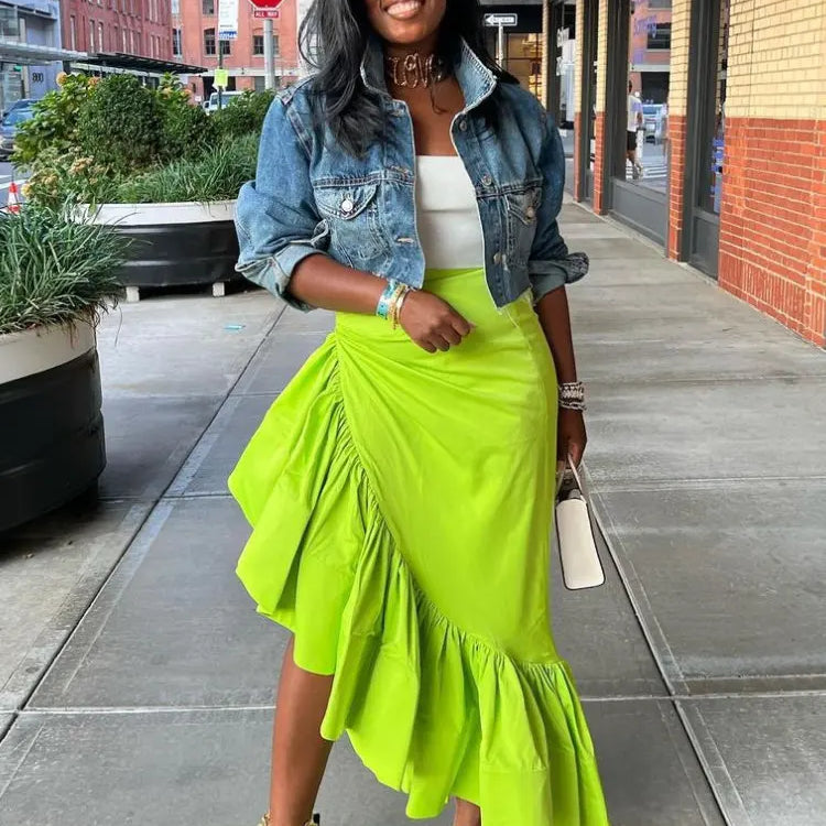 Women Ruffles Hem Asymmetrical High Waist Maxi Long Skirt 2022 Autumn Winter Streetwear INS Fashion Skirts