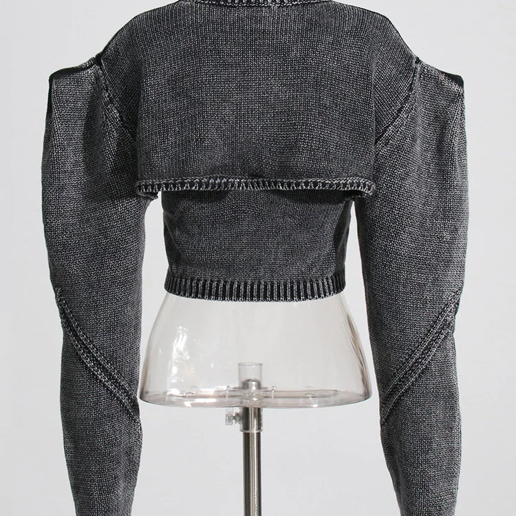 Streetwear Denim Two Piece Set Womens Square Collar Sleeveless Tanks O Neck Long Sleeve Tops Knitting Female Sets