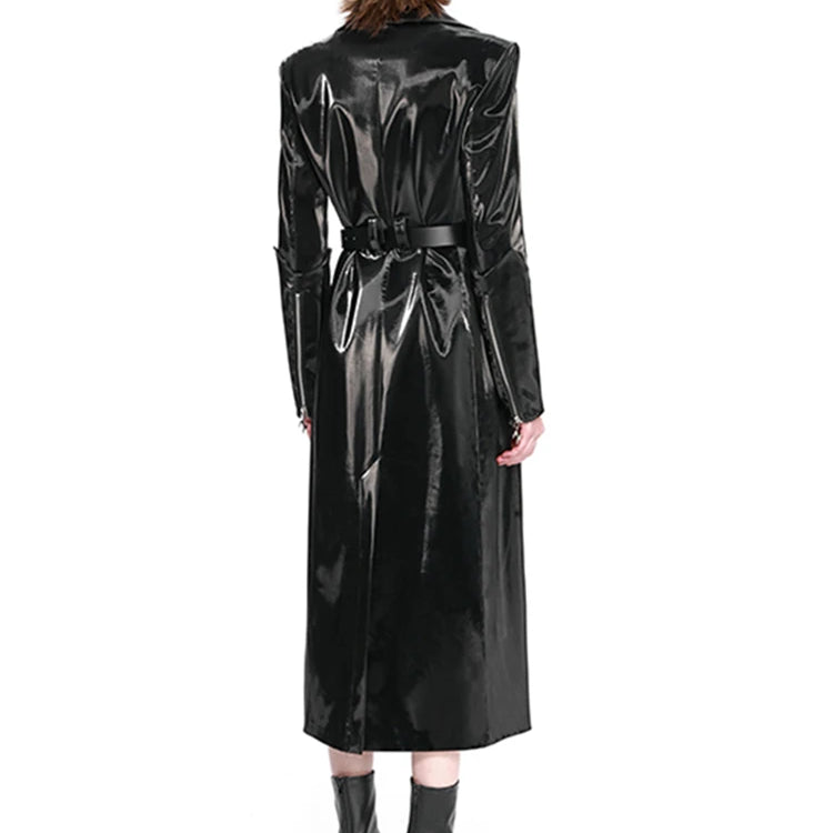 Lautaro Spring Long Shiny Reflective Hard Black Faux Patent Leather Trench Coat for Women Belt Double Breasted Overcoat 2025