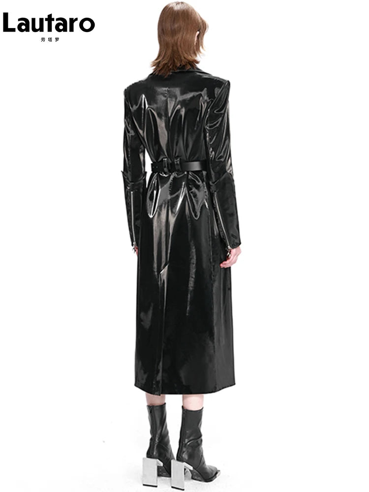 Lautaro Spring Long Shiny Reflective Hard Black Faux Patent Leather Trench Coat for Women Belt Double Breasted Overcoat 2025