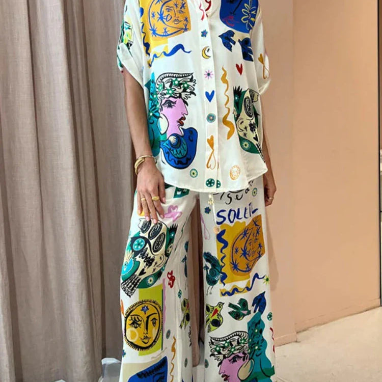 2 Piece Sets Women Outfit Summer New Bohemian Style Printing Half Sleeve Shirt Suits Fashionable Casual Loose Wide Leg Pant Set Colorful set
