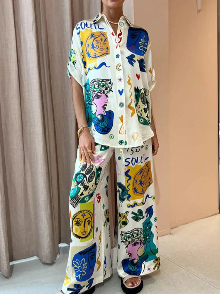 2 Piece Sets Women Outfit Summer New Bohemian Style Printing Half Sleeve Shirt Suits Fashionable Casual Loose Wide Leg Pant Set Colorful set