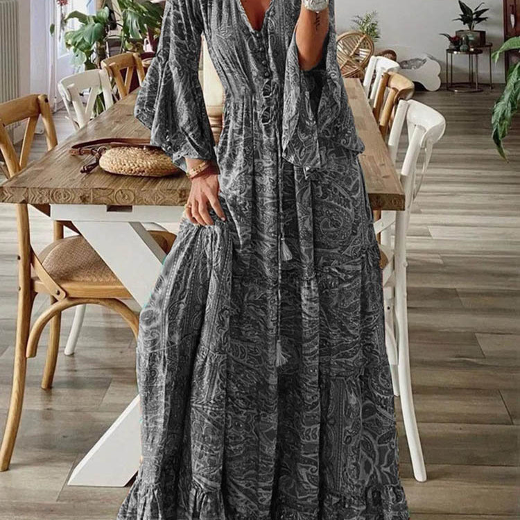 Women Vintage Print Long Dress 2024 Summer Sexy V Neck Short Sleeve A-line Dress Female Elegant Elastic Waist Maxi Dresess Robe EA08432-Grey
