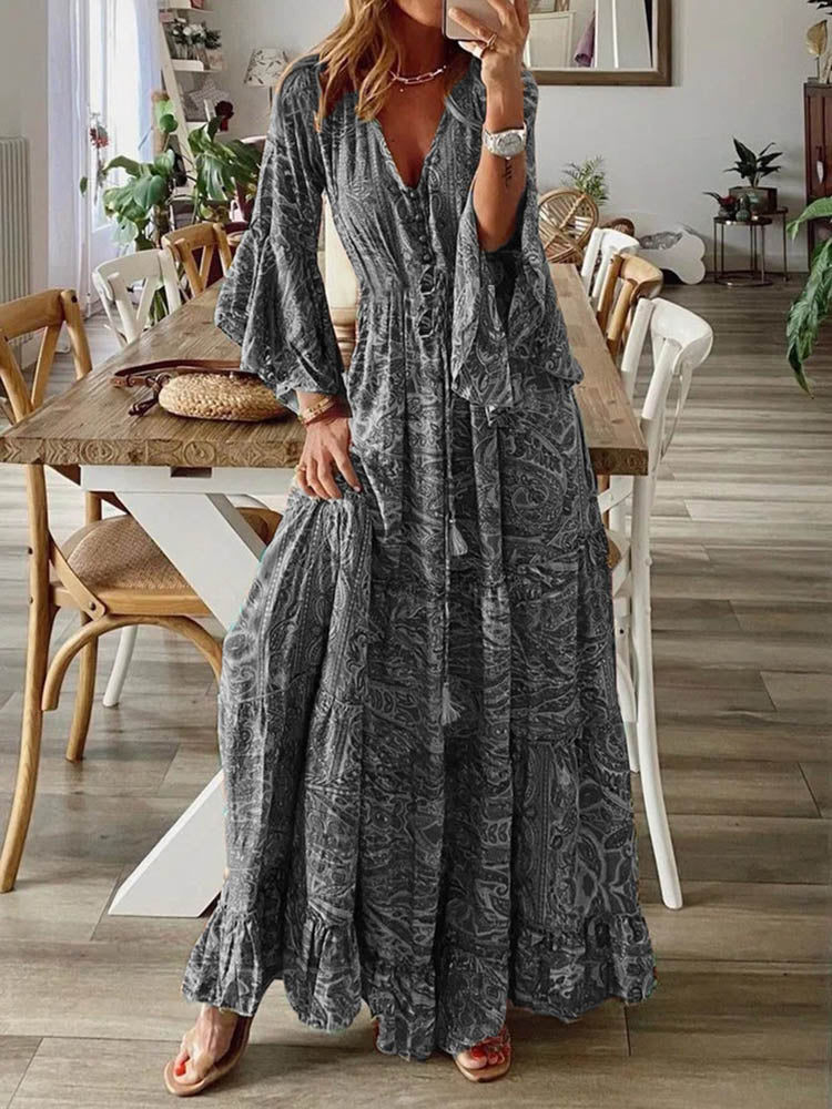 Women Vintage Print Long Dress 2024 Summer Sexy V Neck Short Sleeve A-line Dress Female Elegant Elastic Waist Maxi Dresess Robe EA08432-Grey