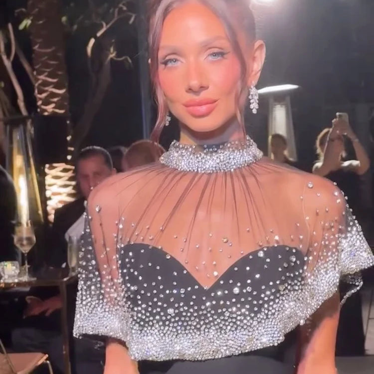 Luxury Sheer Beaded Mesh Cape Black Maxi Strapless Sleeveless Dress for Formal Events Gown