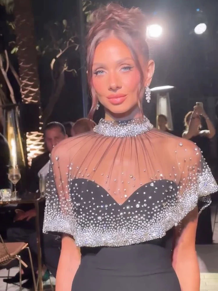 Luxury Sheer Beaded Mesh Cape Black Maxi Strapless Sleeveless Dress for Formal Events Gown