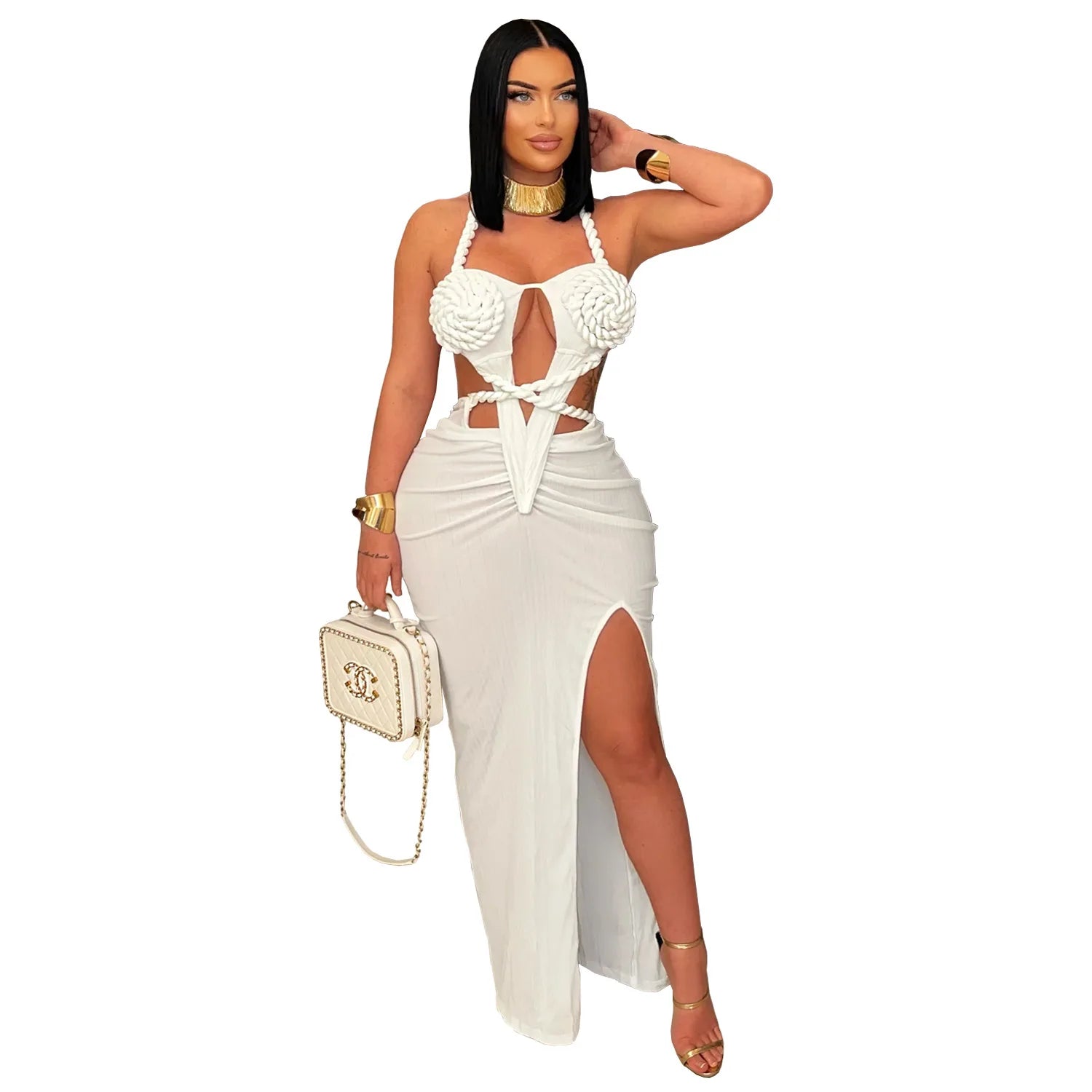 Women Hemp Rope Halter Neck Stacked Ruched High Split Knit Bodycon Midi Maxi Long Dress 2025 Birthday Sexy Party Dresses WHITE