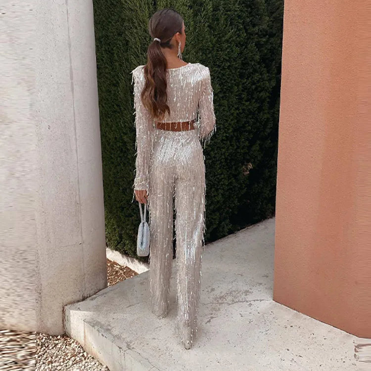 Tassel Sequin Women 2 Piece Set Autumn Silver Bright Silk O-neck Crop Tops Wide Leg Pants Female Suit Fashion Street Lady Sets