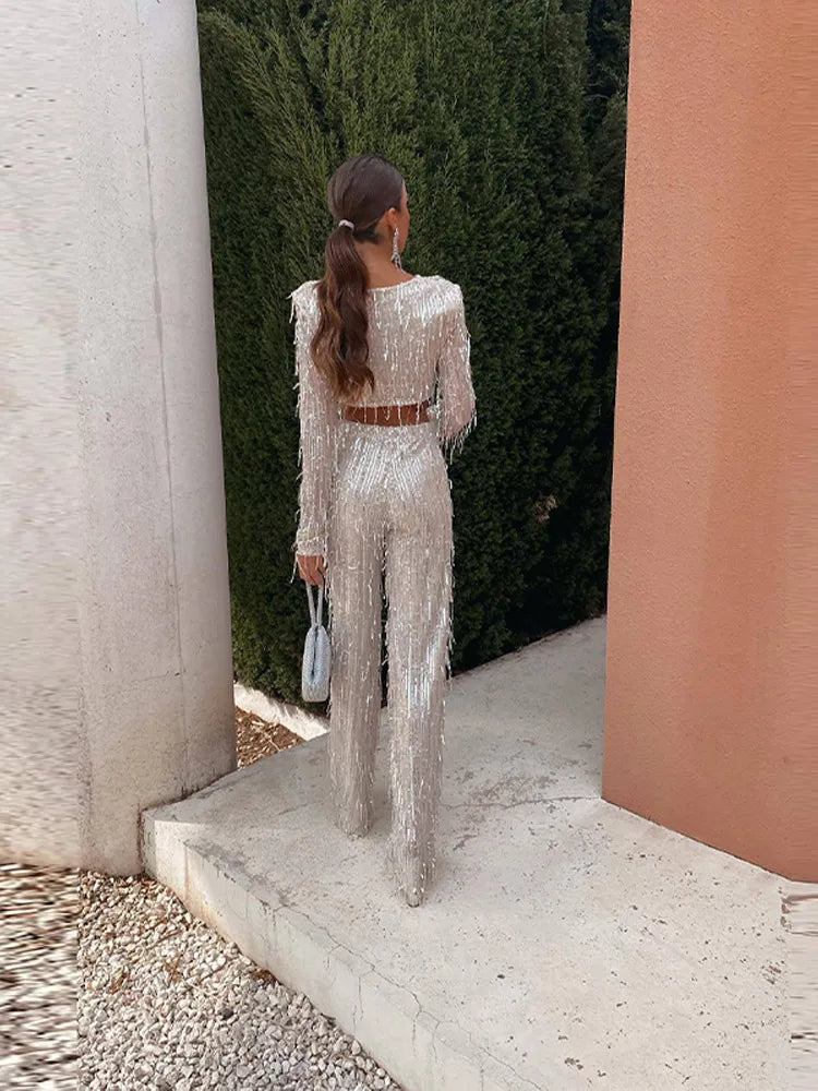 Tassel Sequin Women 2 Piece Set Autumn Silver Bright Silk O-neck Crop Tops Wide Leg Pants Female Suit Fashion Street Lady Sets