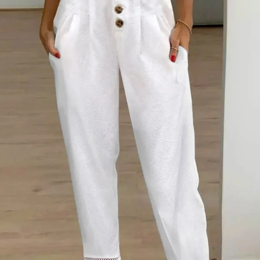 Women's Casual White Pants High Waist Button Slim Solid Pockets Pencil Pants Female Soft Breathable Women Trousers Joggers