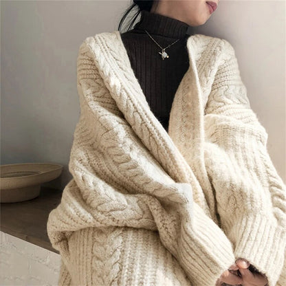 Women Coat Thicken Warm Loose Long Cardigan Coat TRAF Knit Solid Long Sleeve Sweater Coat Streetwear Women 2023 Autumn Winter