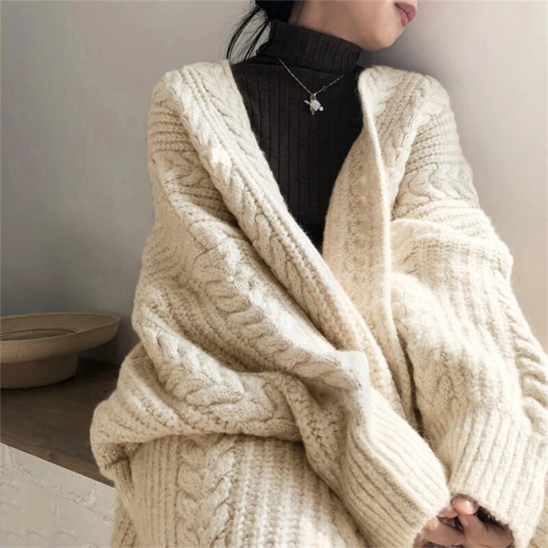 Women Coat Thicken Warm Loose Long Cardigan Coat TRAF Knit Solid Long Sleeve Sweater Coat Streetwear Women 2024 Autumn Winter