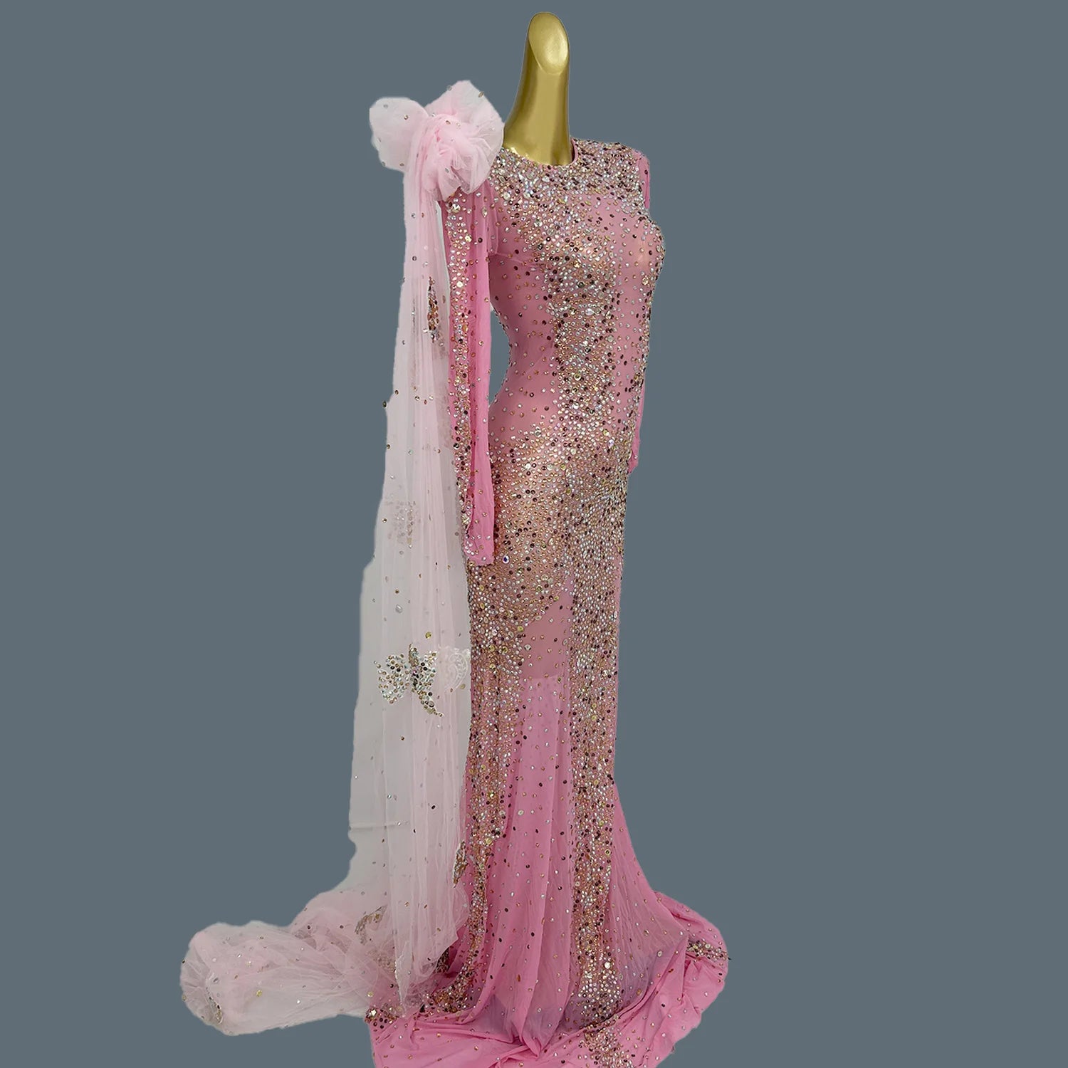 Sparkly Crystals Luxury Sheer Mesh Evening Gown Sexy Women Gauze Long Dress Birthday Wedding Prom Party High-end Outfit Shacha