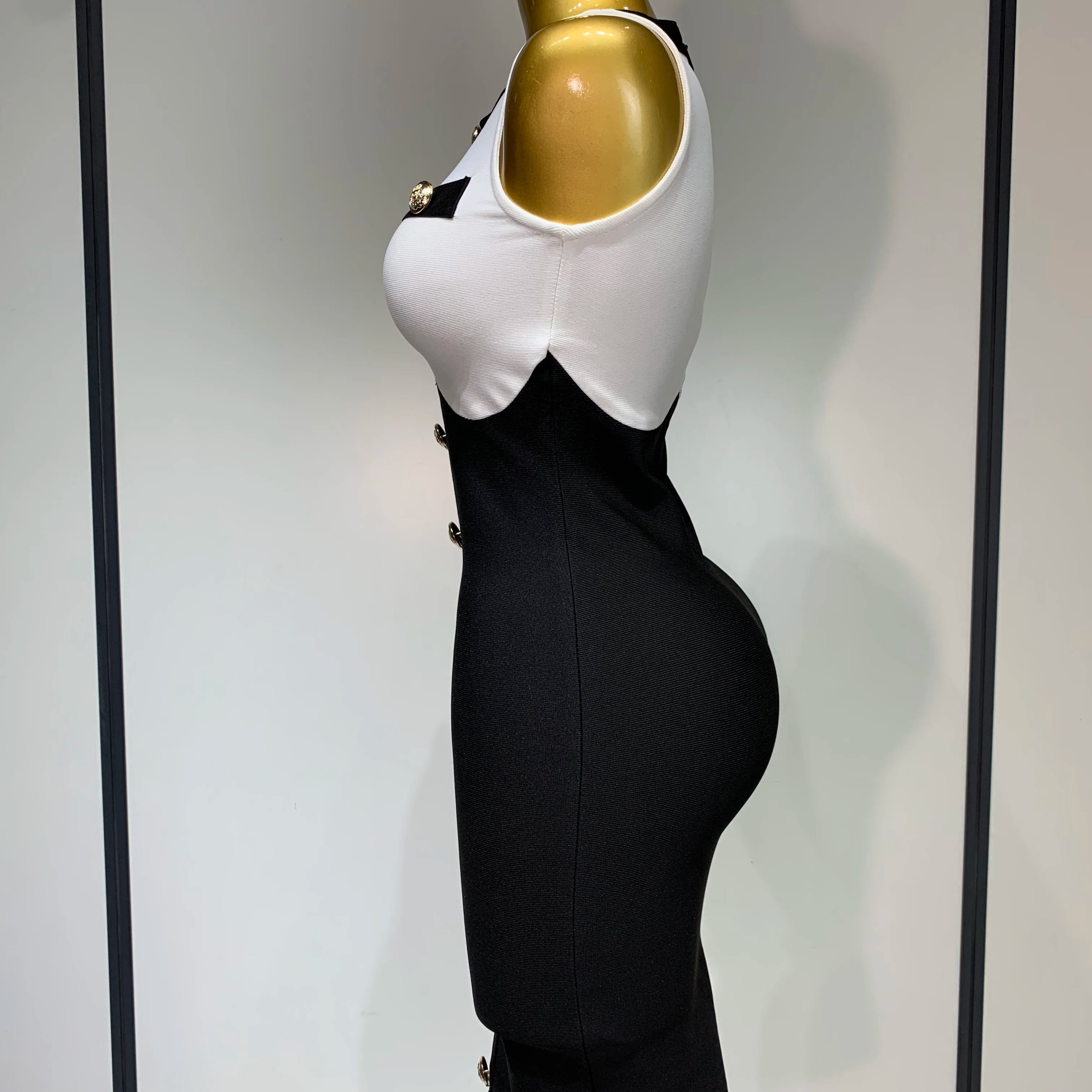 2025 New Arrivals Fashionable Women Bandage Golden Buttons White Black Patchwork Sleeveless Bodycon Elegant Party Dresses