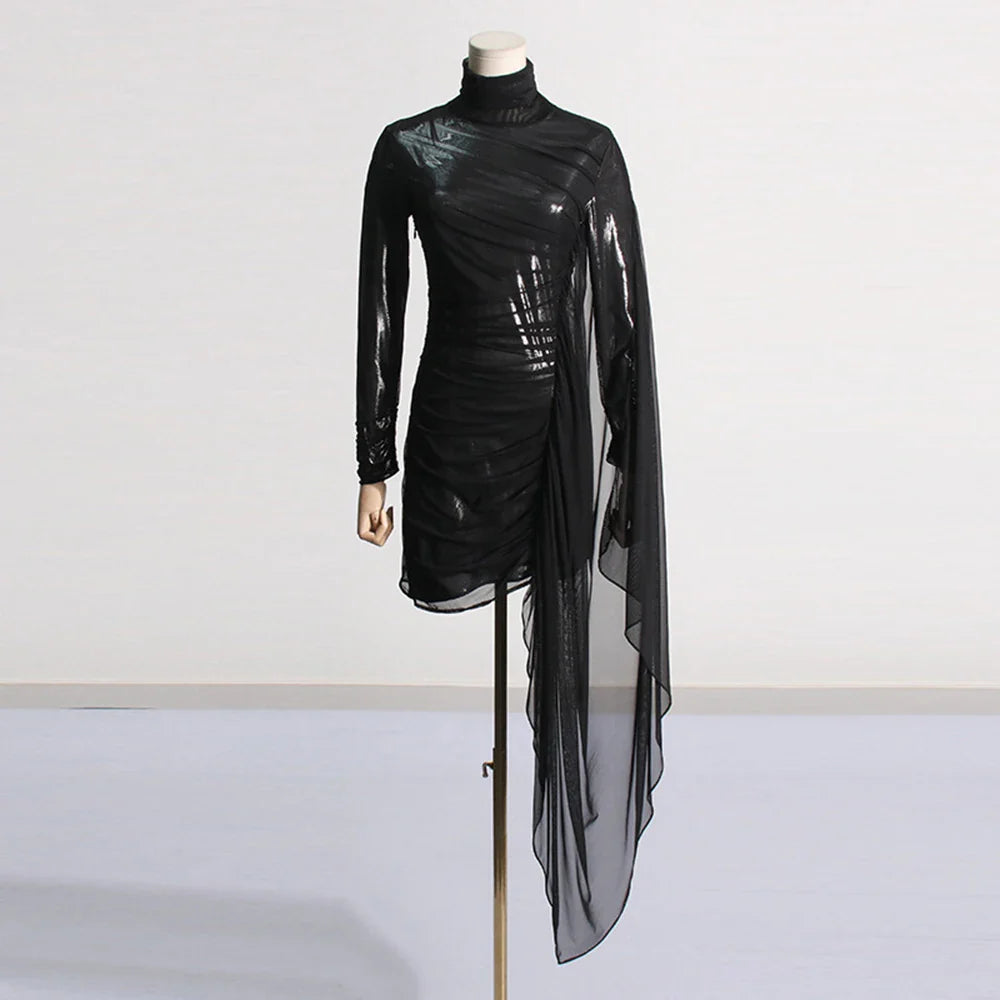 Ailigou New Women's Black Sexy Perspective Mesh Pleated Design Long sleeved Tight Mini Dress Elegant Celebrity Party Dress black
