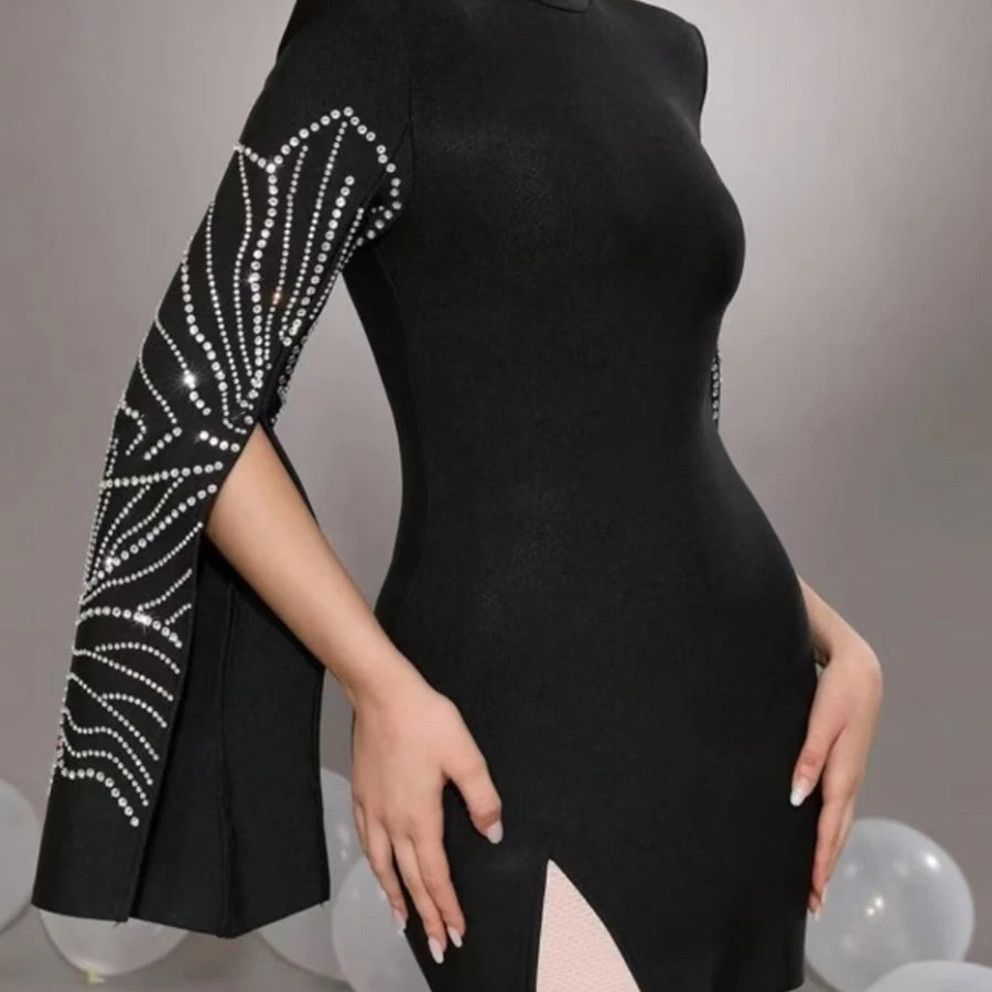 Solid Slimming Temperament Dresses for Women Round Neck Long Sleeves Patchwork Diamonds Dress Female Clothing New