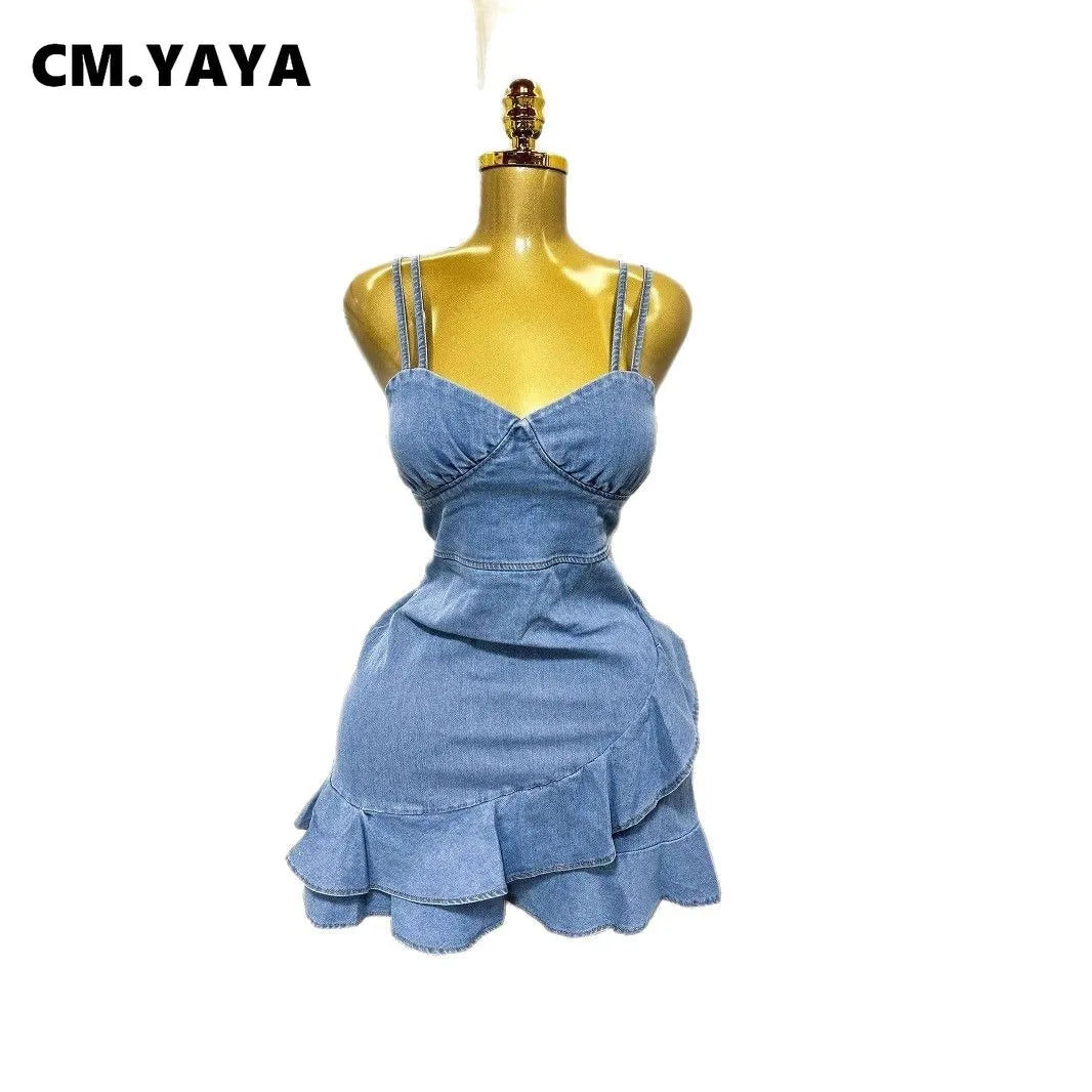 Women Spaghetti Strap V-neck Ruffles Hem Denim A-line Mini Dress 2025 Chic Birthday Night Club Party Vestidos Dresses