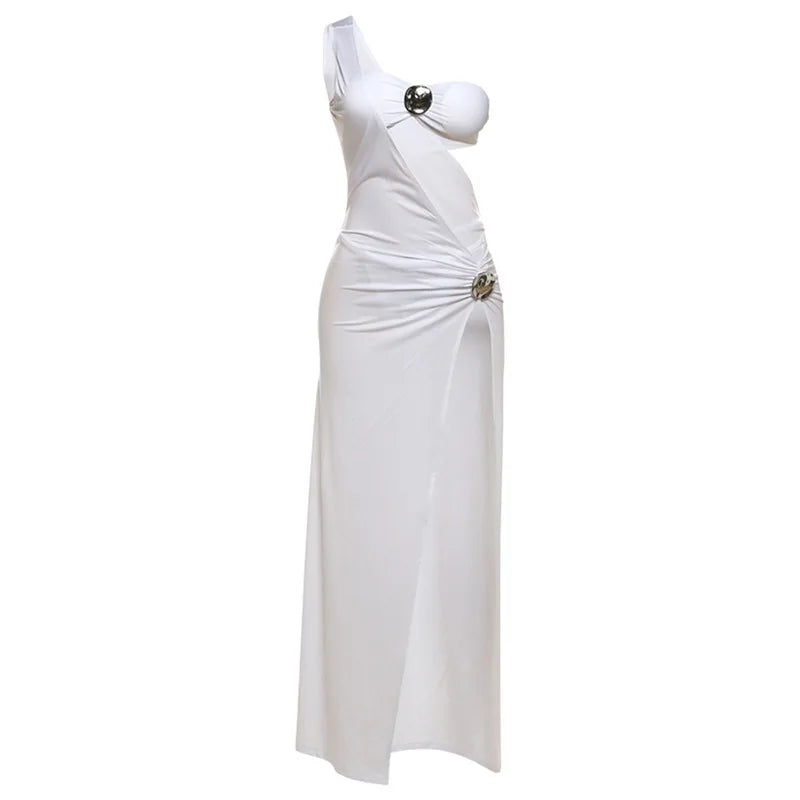 Women's Fashion Sexy Solid Skirt Three Piece Set Hollow Out Top Vest And Thigh Split High Waist Skirt Three Piece Set White