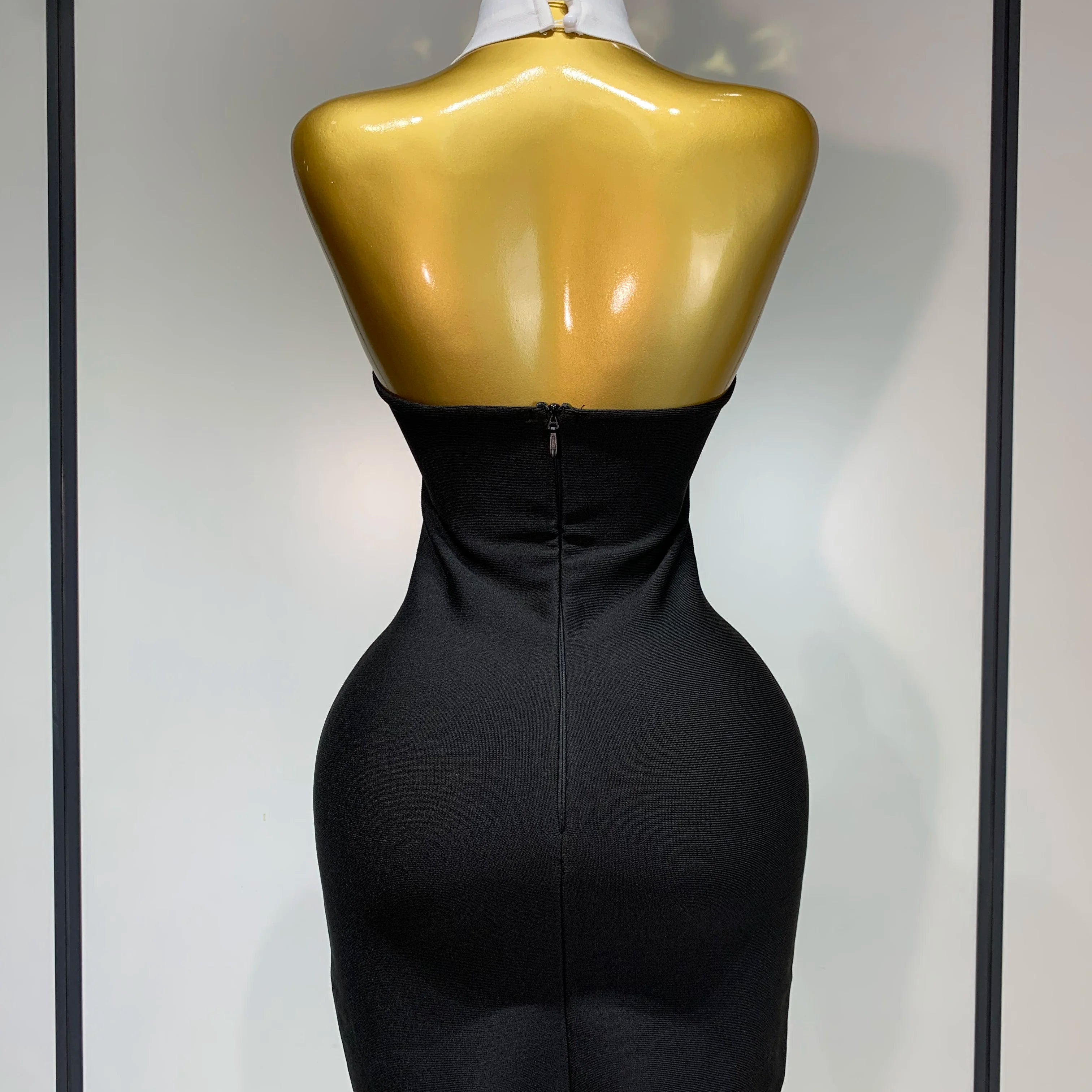 Women Sexy Backless White Shirt Collar Black Mini Bodycon Bandage Dress 2025 Elegant Evening Club Party Luxury Birthday Dresses