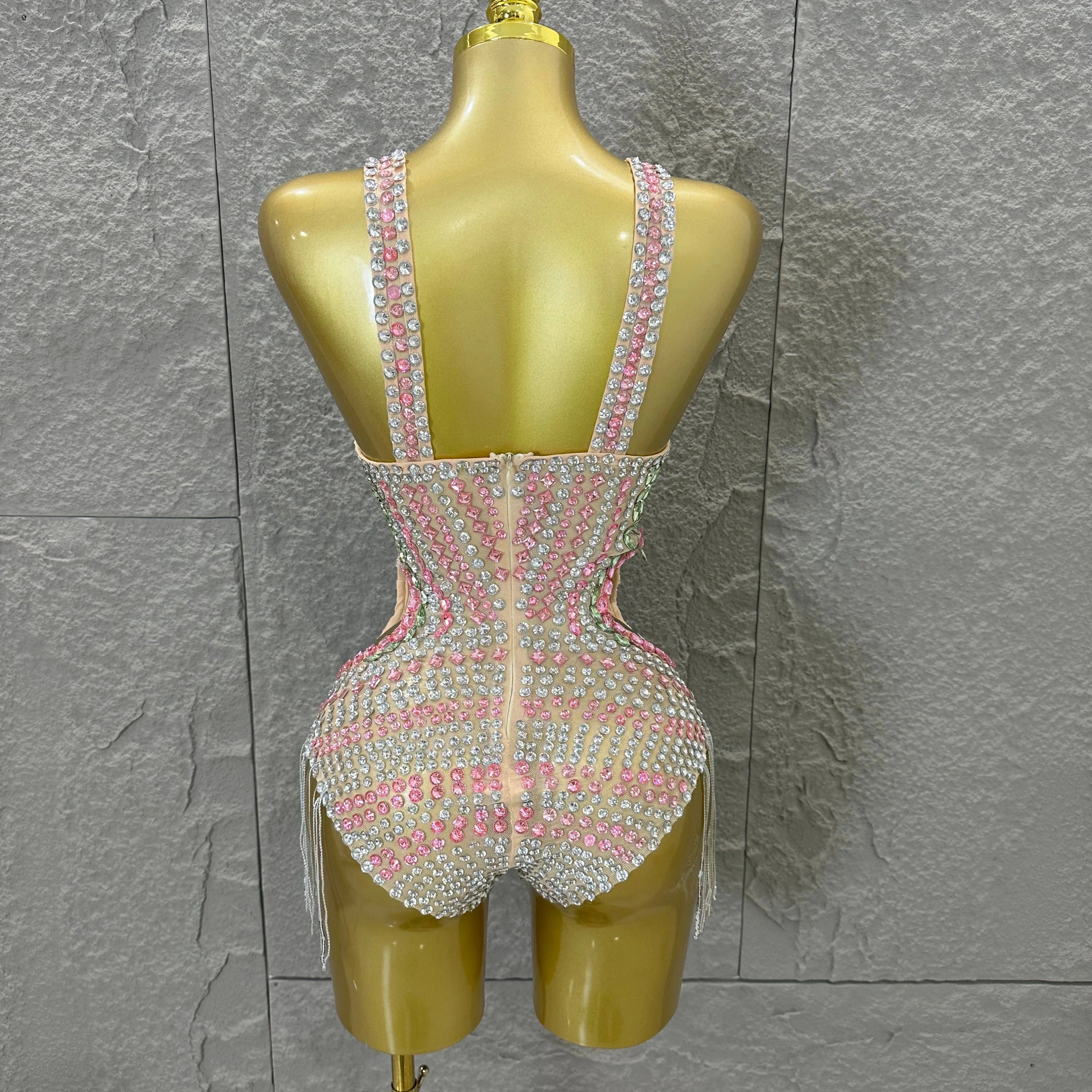 Sexy 2026 Crystal Bodysuit Women Sexy U-Neck Sheer Mesh Cutout Rhinestone Fringe Bodycon Outfit Nightclub Party Costume