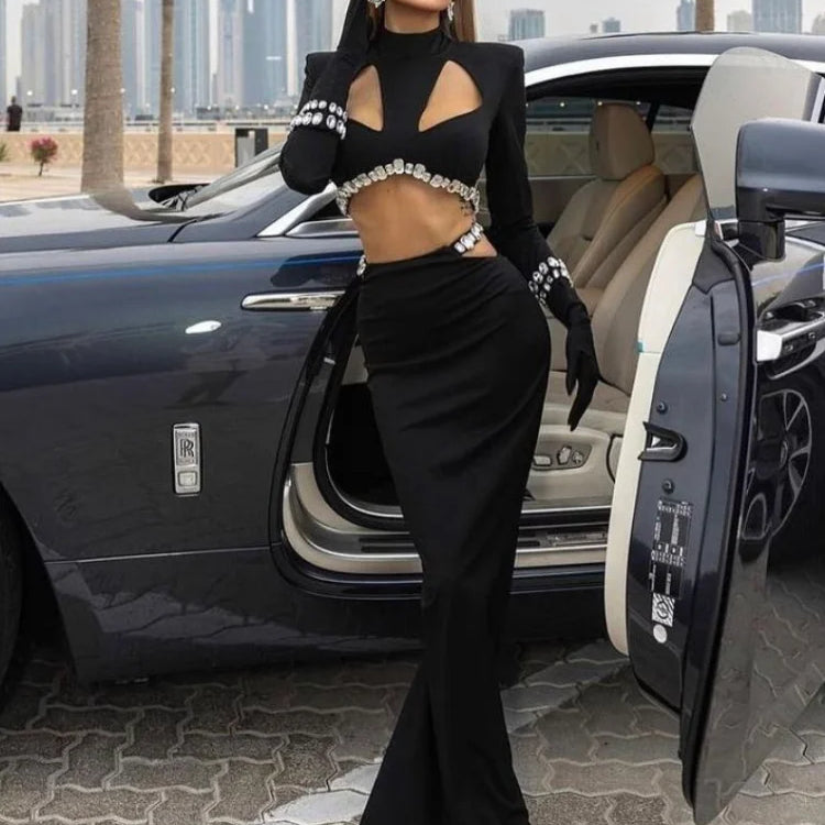 STOCK Stylish Luxury Diamonds Woman Bandage Set Sexy Hollow Out Short Top And Mermaid Long Skirt 2 Pieces Evening Party Vestido