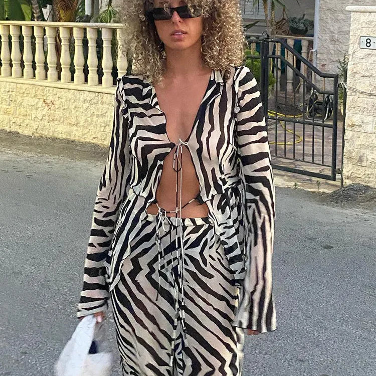 FSDA 2022 Tracksuit Women Print Y2K Long Sleeve Top Shirts Bandage And Pants Sexy Two Piece Set Casual Outfits Party Clubwear