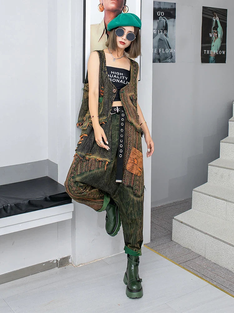 Spring Summer New Trendy Cool Personality Distressed Printed Denim Vest + Hanging Crotch Pants Two-piece Set Women LX255