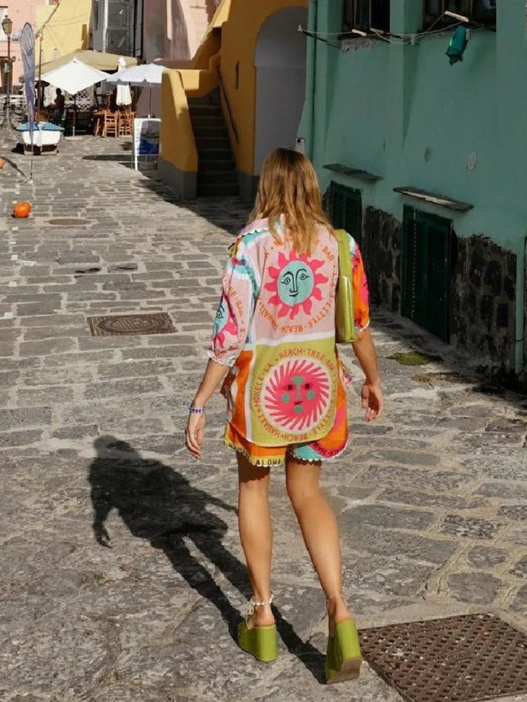 Women Holiday Hawaii Printed Two Pieces Set Short Sleeve Shirt Blouse Top Loose Shorts Summer Beach Outfits Casual Suit NEW