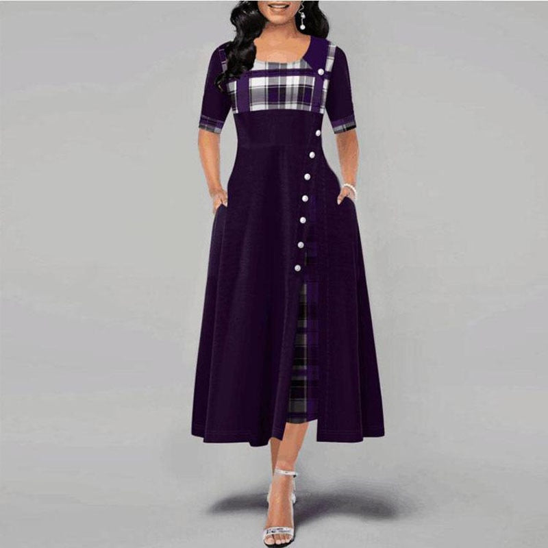 Women'S Fashion Half Sleeve Plaid Print Button Detail Maxi Dress Purple