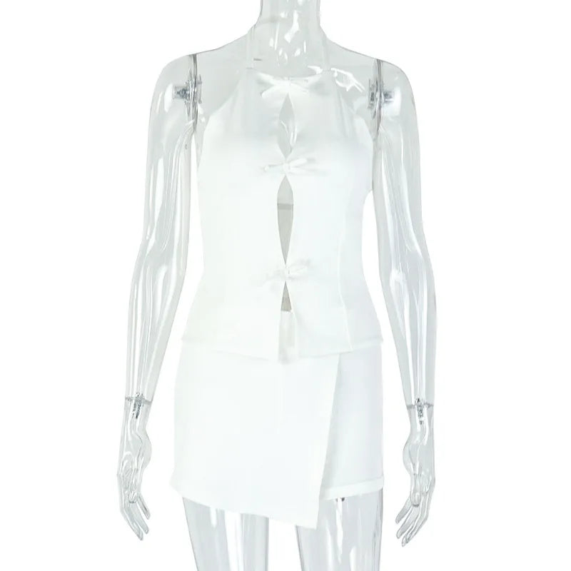 2025 Summer Women's Set Sleeveless Hollow Out Top+ Skirts Shorts Cute Street Two 2 Piece Sets Street Outfits Tracksuit WHITE