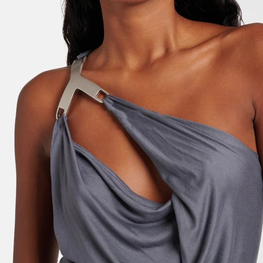 Solid Slimming Spliced Folds Irregular Dresses for Women Diagonal Collar Sleeveless Split Dress Femlae Clothing New