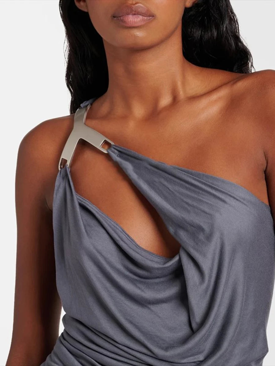 Solid Slimming Spliced Folds Irregular Dresses for Women Diagonal Collar Sleeveless Split Dress Femlae Clothing New