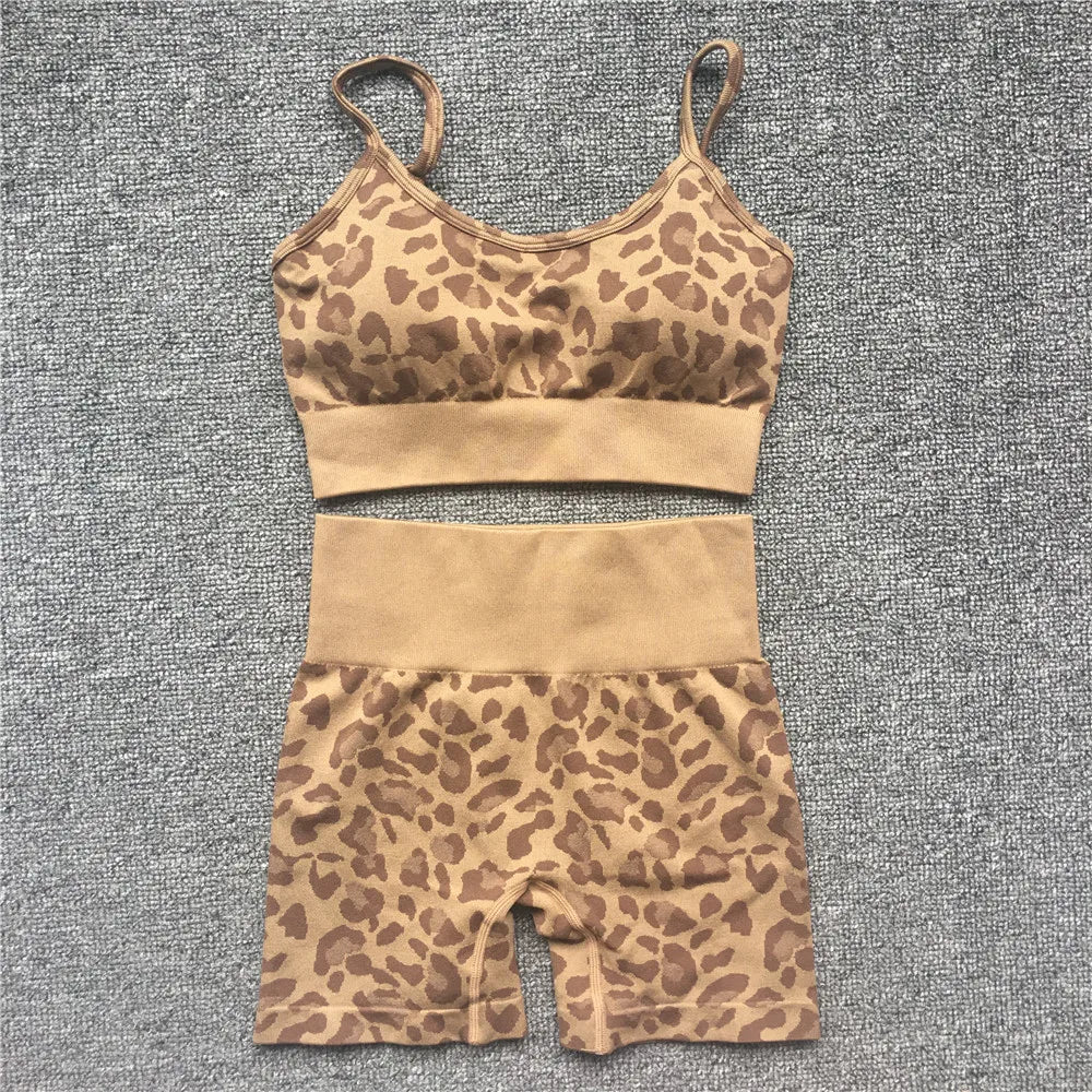 Women Fashion Sexy Leopard Printed 2 PCS Yoga Set Gym Shockproof Sports Bras Sport Leggings Running Work Out Training Suit brown bra st set