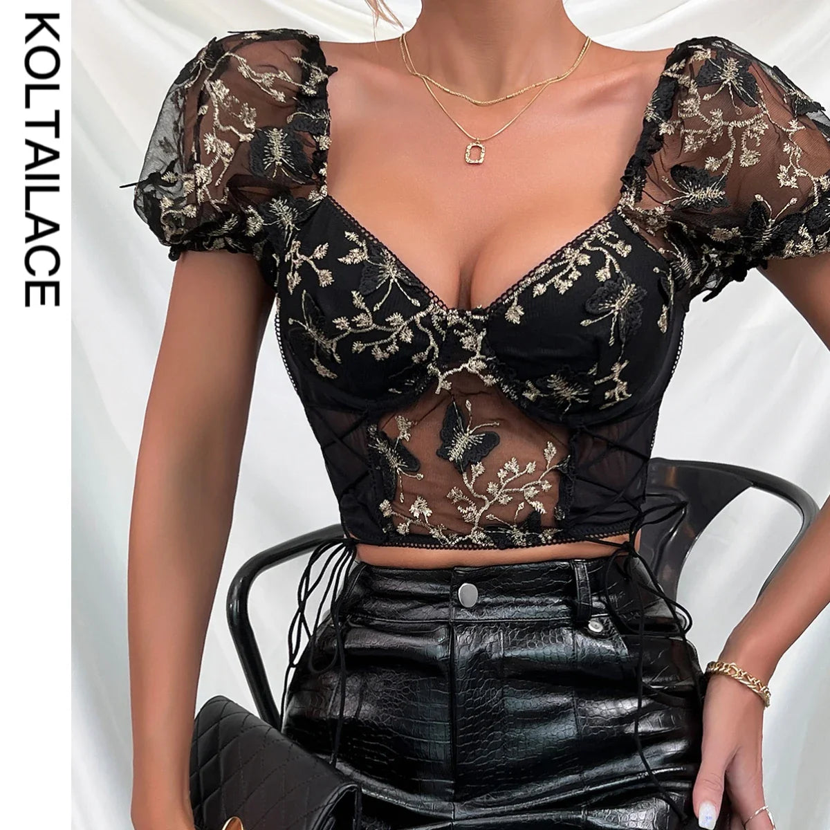Koltailace Bufferfly Embroidery Puff Sleeve Top Women V Neck Summer Backless Short Sleeve Sexy Cropped Top Blouse