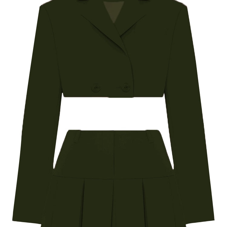 Taruxy Casual Two Piece Sets Women's Fall Outfits 2022 New Black Matching Sets With Skirt And Blazer Cropped Top Suit For Women ArmyGreen Suit