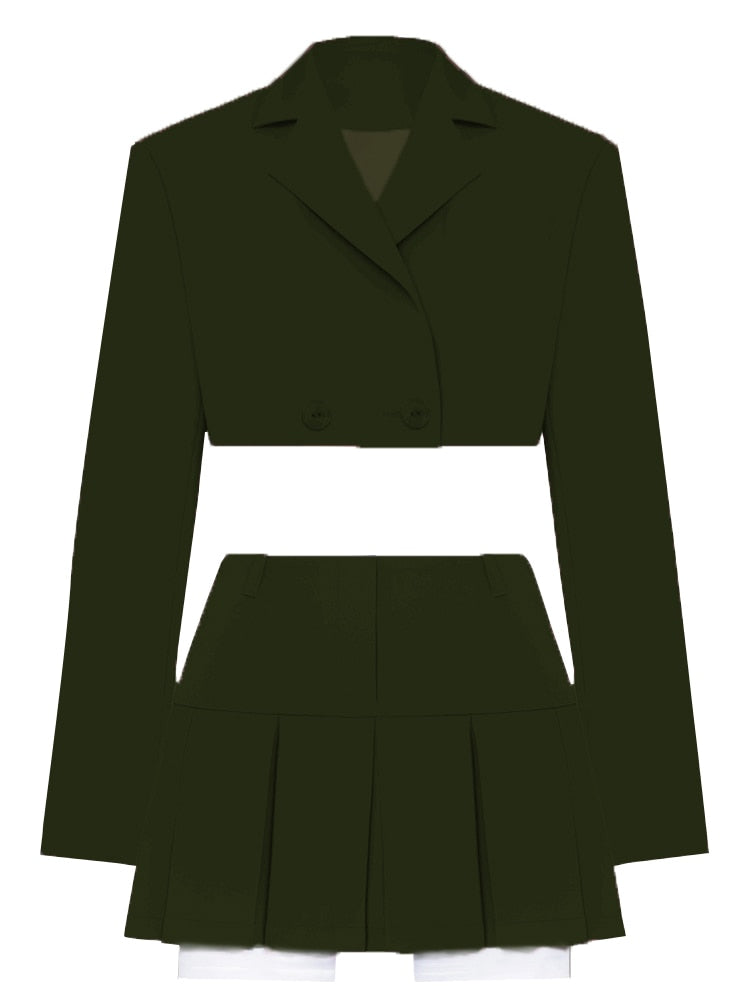Taruxy Casual Two Piece Sets Women's Fall Outfits 2022 New Black Matching Sets With Skirt And Blazer Cropped Top Suit For Women ArmyGreen Suit