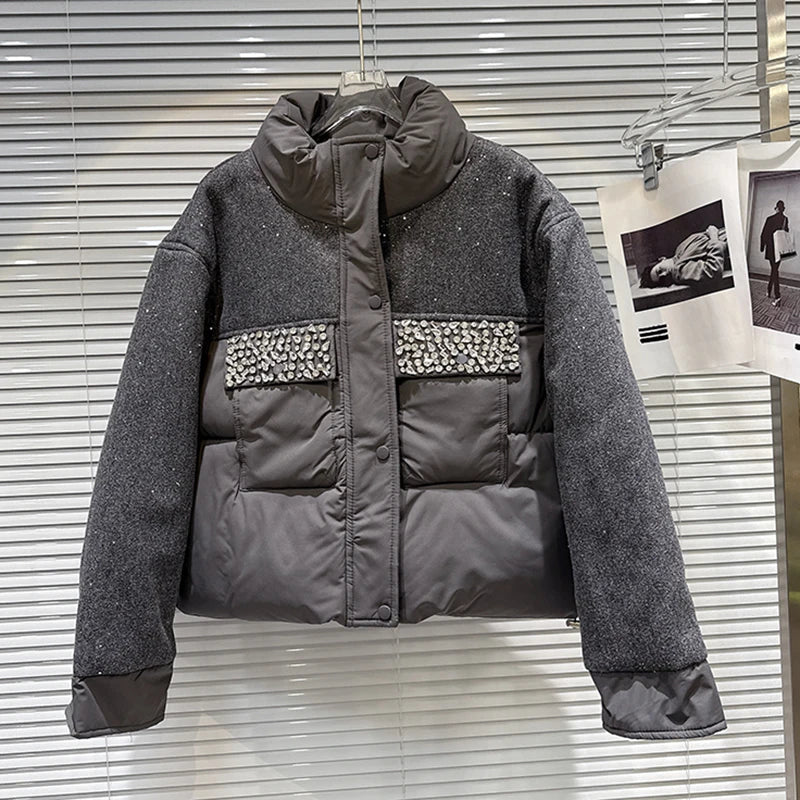 Winter New Fashion Patchwork Shiny Fabric Beaded Pocket Warm Jacket For Women Versatile Cotton-padded Coat 11A07930 Dark Gray One Size