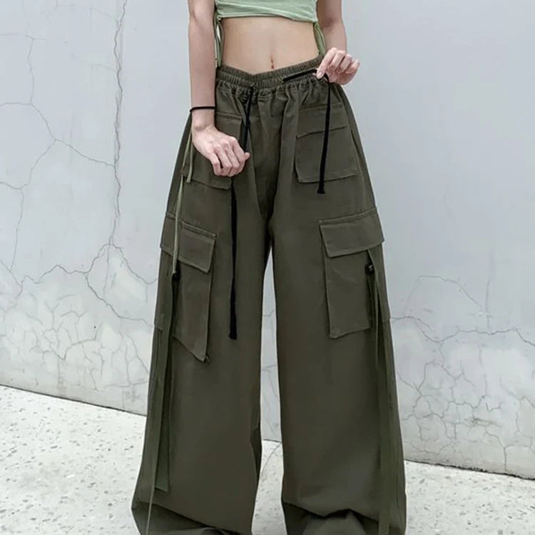 Zoki Pure Cotton Harajuku Cargo Pants Women Vintage Streetwear Oversize Bf Trousers Retro Pockets Casual Hip Hop Straight Pants army green