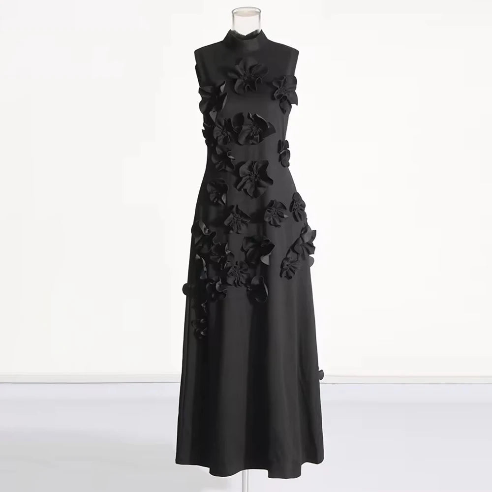 Solid Spliced Lace Up Dress For Women Stand Collar Sleeveless High Waist Patchwork Applique Maxi Dresses Female BLACK