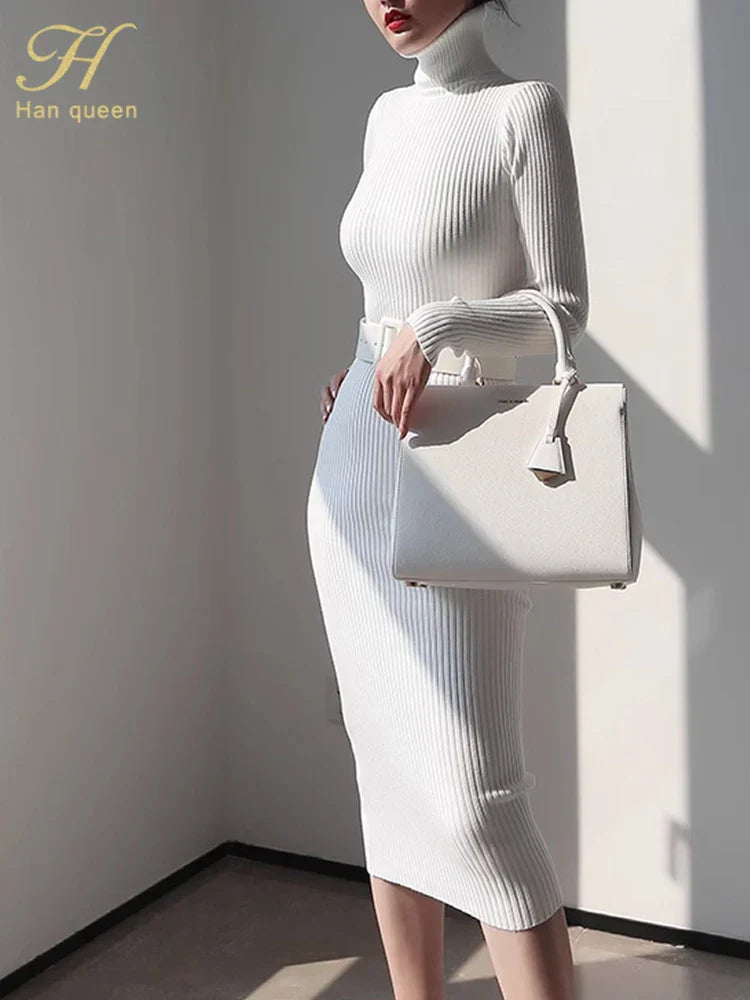 H Han Queen Knitted Turtleneck Sweater Bodycon Dress Bottoming Women Soft Elastic Autumn Winter Midi Party Dresses With Belt