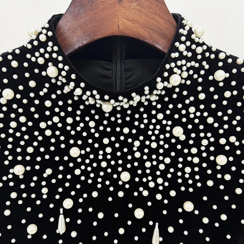 Slimming Luxurious Dresses for Women Round Neck Long Sleeves Patchwork Bead Temperament Dress Female Clothing New