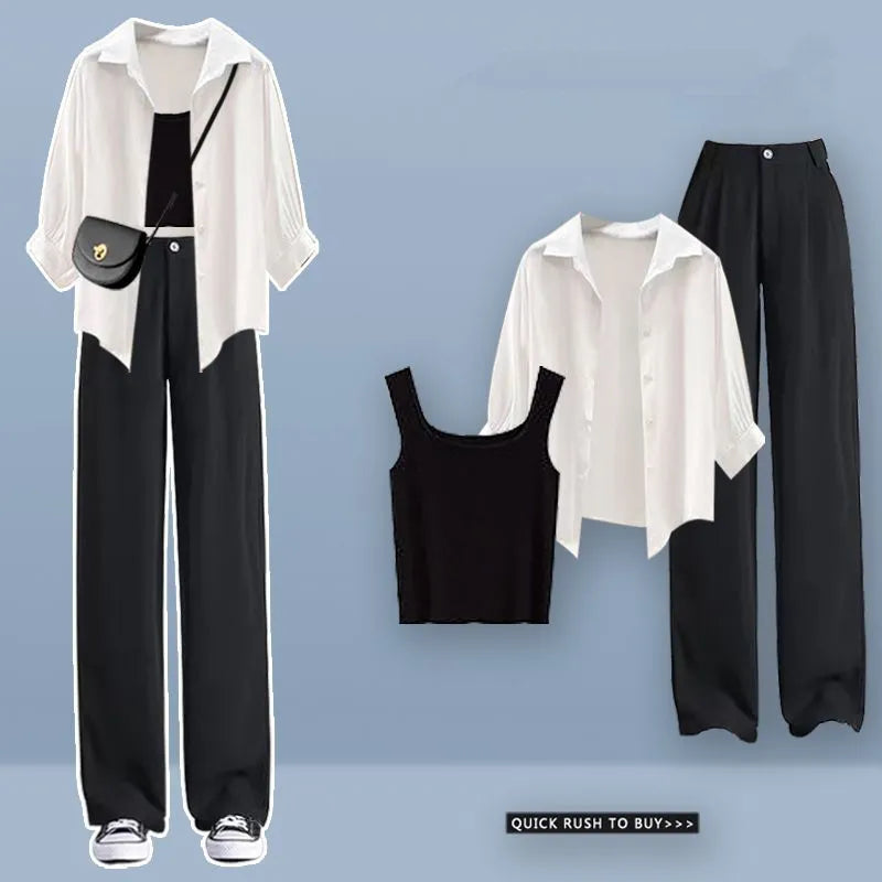 Women High Waist Long Denim Pants 2024 Summer Lady Daily Solid Shirt Vest Jeans 3 Piece Set Korean Fashion Blouse Tank Top Suits Black Set A