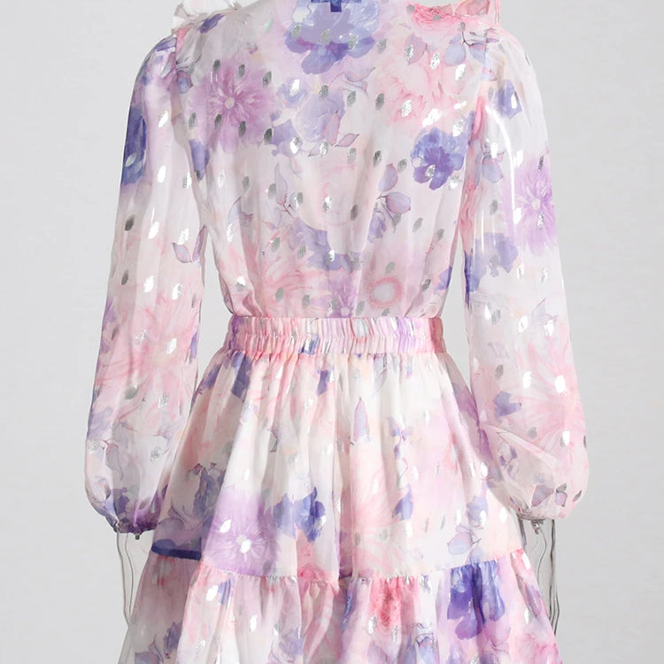 Colorful Two Pieces Set For Women Round Neck Long Sleeve Top High Waist Mini Skirts Summer Mesh Set Female 2024 Clothing New