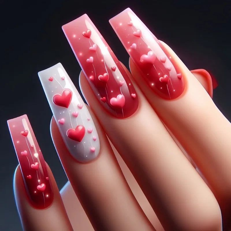 24pcs/set medium long fake nails for women cute gradient pink red heart rose flowers for Valentine's Day press on acrylic nails 1765
