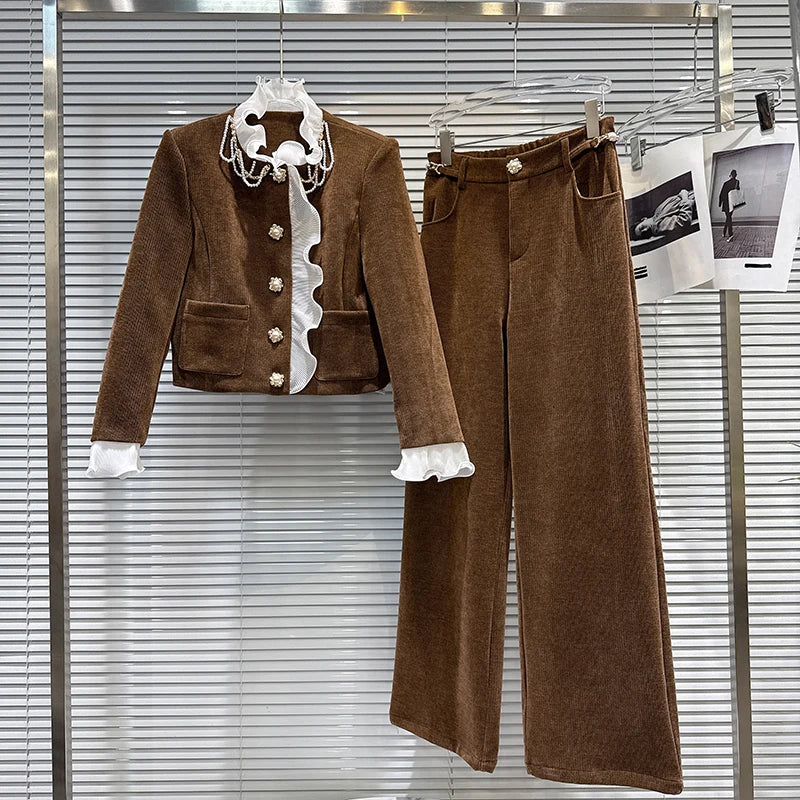 Winter New Fashion New Style Pearl Chain Cotton Jacket Corduroy Straight Pants Two-pieces Set For Women 11A07593 Brown Suit