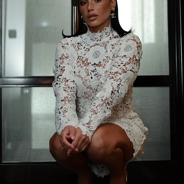 White Turtleneck Lace Floral Mini Dress For Women Long Sleeves Slim Bodycon Elegant Evening Party Cocktail Wear